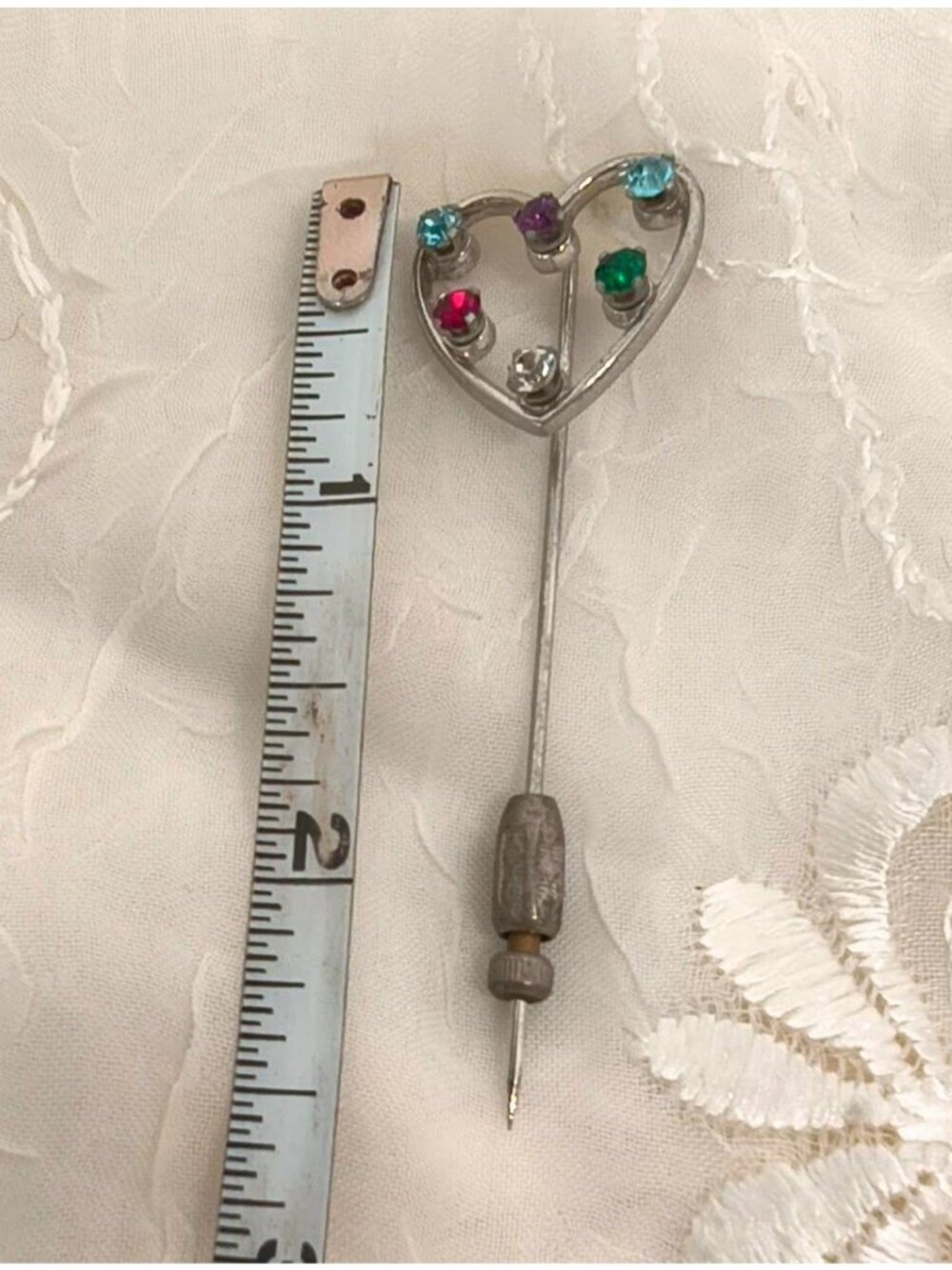 Vintage Anson Sterling Silver Heart Stick Pin With Multicolored Rhinestones - Picture 6 of 7